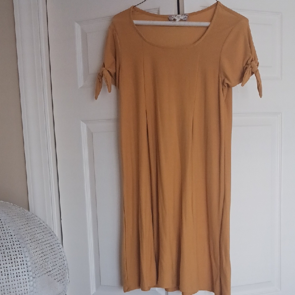 Pink Rose Mustard Midi Dress with Tie Sleeves